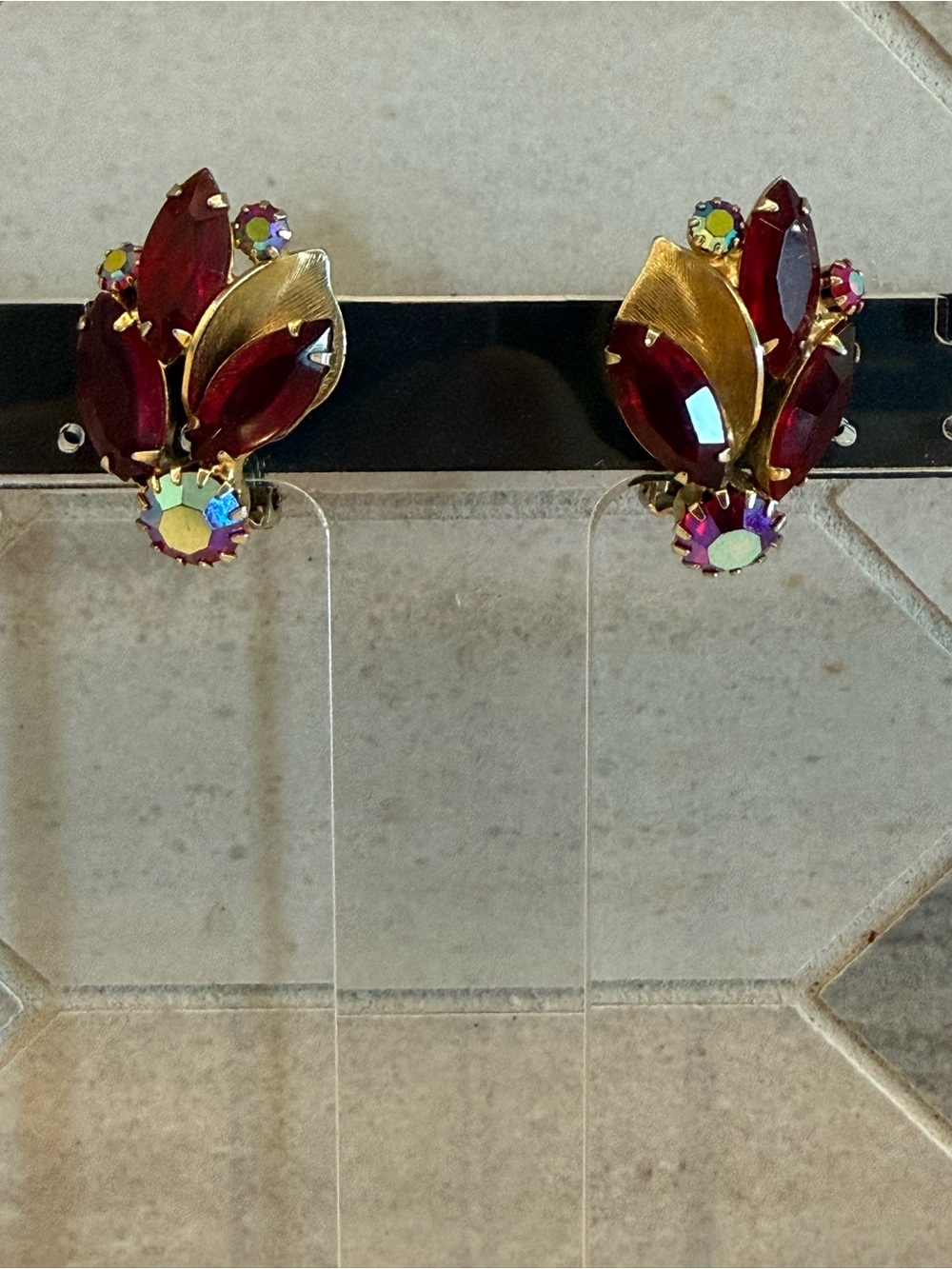 Weiss Red Rhinestone & AB Glass Clip-On Earrings Excellent